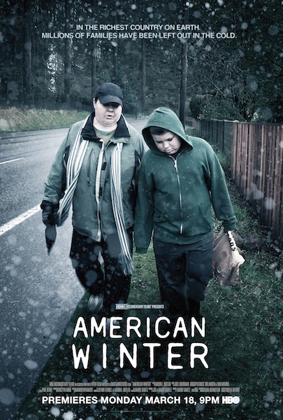 In this promotional poster for “American Winter,” you see single mom Jeannette and her son Gunner, a Portland, Oregon family profiled in the documentary film. After Jeannette suddenly loses her husband, and Gunner his father, they end up homeless.