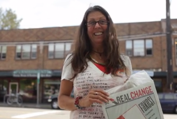 Susan Russell is a Real Change vendor and member of the Homeless Speakers Bureau. Image credit: Still capture from <a title="A Storytelling Project: Susan Russell on Vimeo" href="http://vimeo.com/92685423">video by Anissa Amalia</a>.